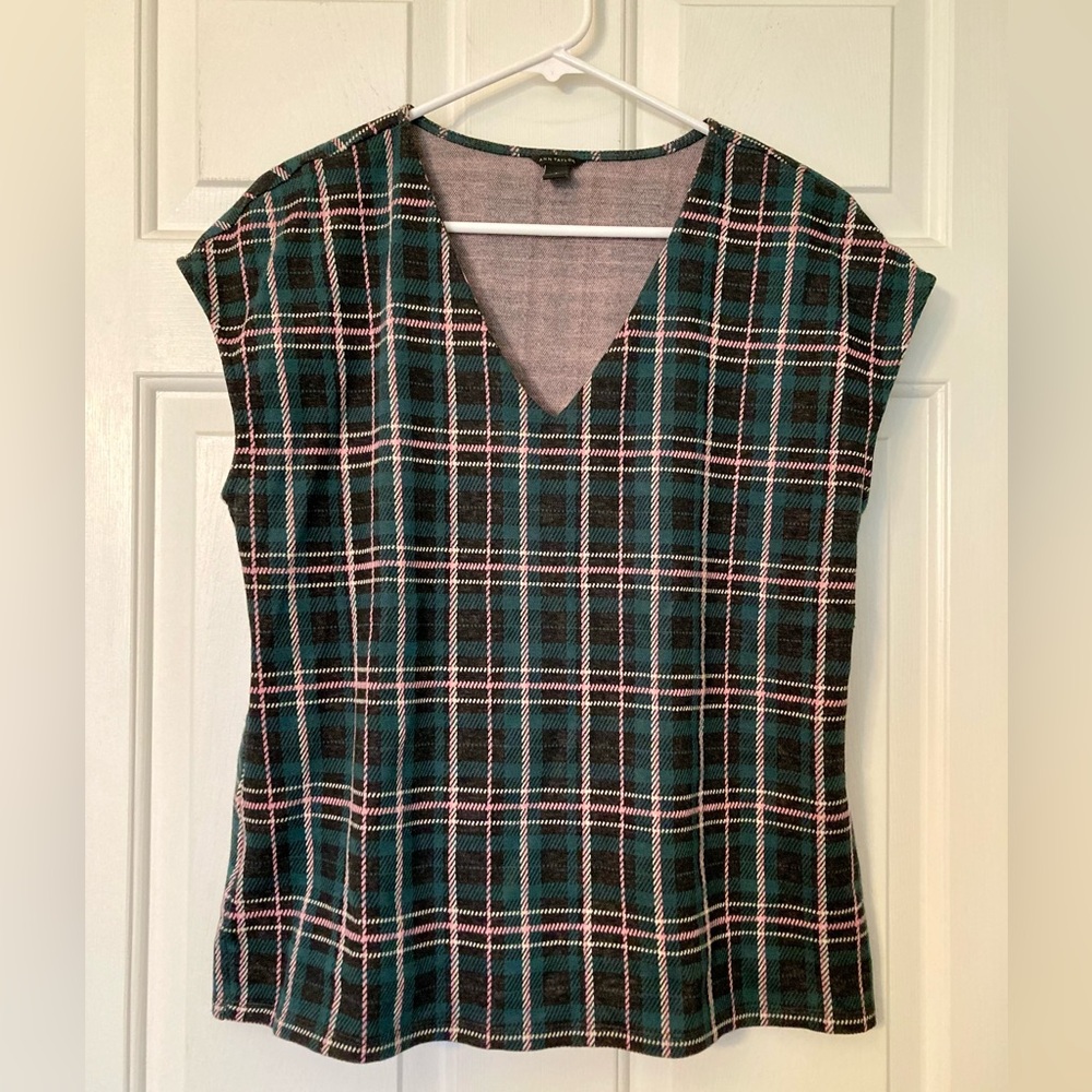 Ann Taylor Plaid V-Neck Cap-Sleeve Top